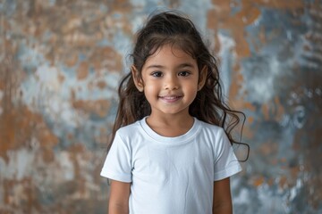 Adorable Young Indian Girl in White T-Shirt posing against a wall, Mockup, 