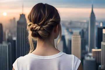 Woman from the back wearing a white t-shirt and looking at a city
