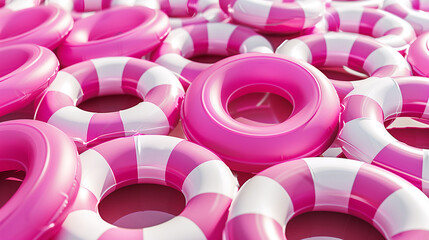 summer beach or swimming pool, set of funny colorful pink swim rings