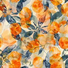 Artistic watercolor textile design featuring clusters of oranges intertwined with abstract, organic shapes, ideal for environmentally conscious decor