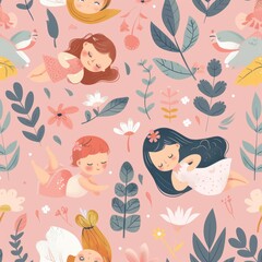 Obraz premium Artistic seamless pattern of baby princesses in slumber, surrounded by gentle nature elements like leaves and flowers, on a bio-friendly pink background