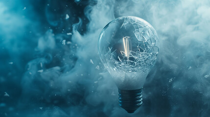 a classic electric bulb. Detail of glass explosion, blue Concept