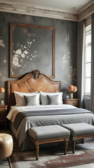 Bedroom interior rusty stone wall with floral framing and furniture