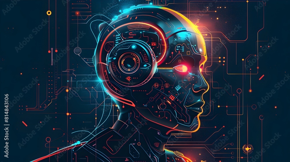 Poster futuristic cyborg head with glowing digital circuits and cosmic elements in abstract sci fi