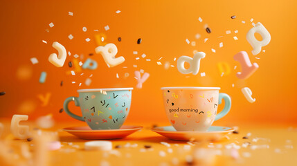 good morning message with two cups of coffee on bright yellow background,