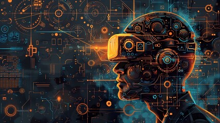 Futuristic cyborg head with glowing digital circuits and cosmic galaxy background showcasing advanced technology and human machine interface