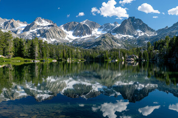 Fototapeta premium A majestic vista of snow-capped mountains mirrored in the crystal-clear waters of a serene alpine lake, surrounded by towering pine trees and rugged wilderness.