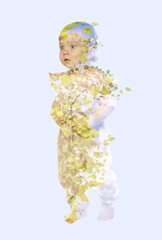 Double exposure of cute little child and green tree on light blue background