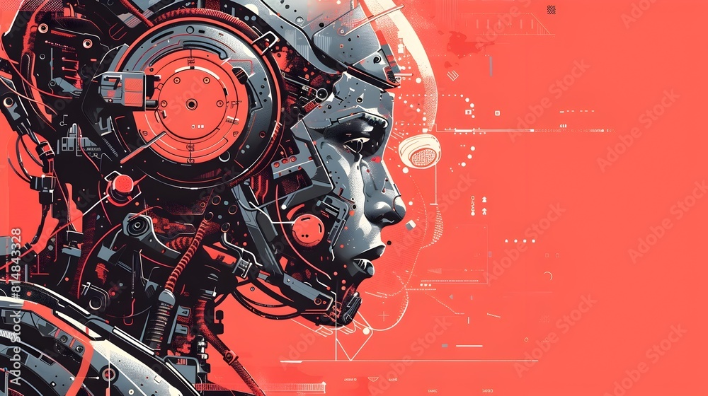 Poster futuristic cyborg with advanced digital interface and glowing red and orange light