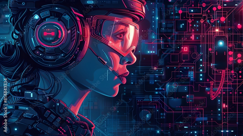 Poster Futuristic Cyborg with Digital Interface and Neon Glowing Circuit Patterns