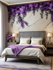 Bedroom interior rusty stone wall with floral framing and furniture