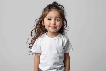 Adorable Young Girl in White T-Shirt Posing in Studio, Mockup, copy space, isolated