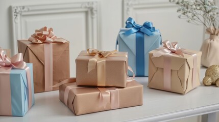 Obraz premium various wrapped gifts, adorned in brown, blue, and beige colored boxes with ribbons, are arranged on a white table against a soft-lit white background.