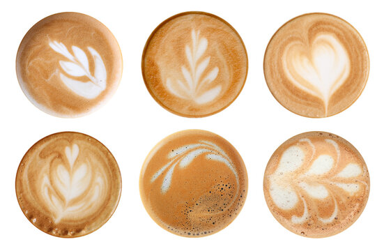 Coffee foam with latte art isolated on white, top view