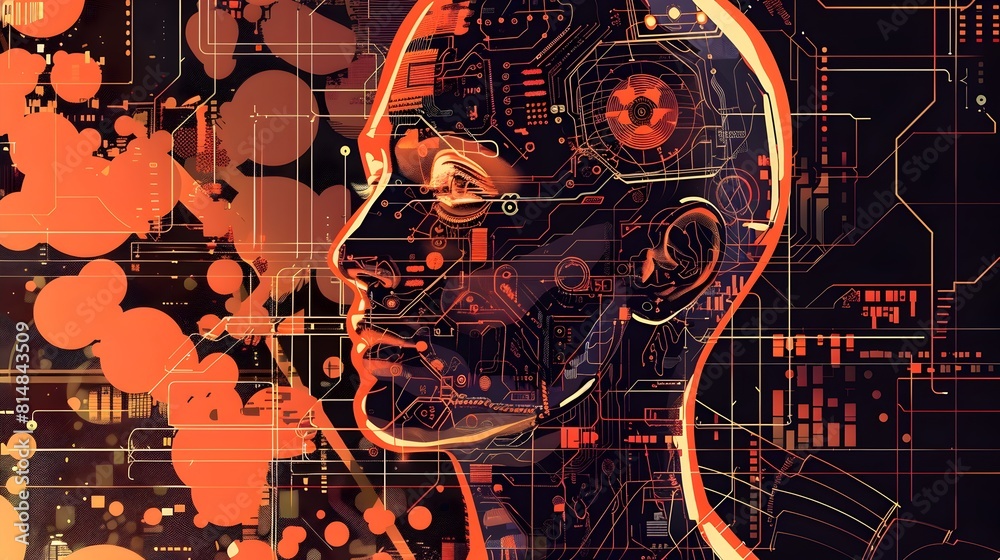 Poster Futuristic Digital Landscape with Robotic Cyborg in Atmosphere of Abstract Glitching Patterns and Vibrant Colors