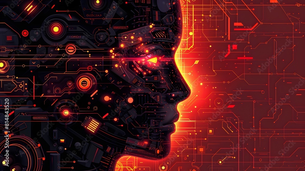 Poster futuristic digital profile of an artificial intelligence mind with glowing circuit board connections
