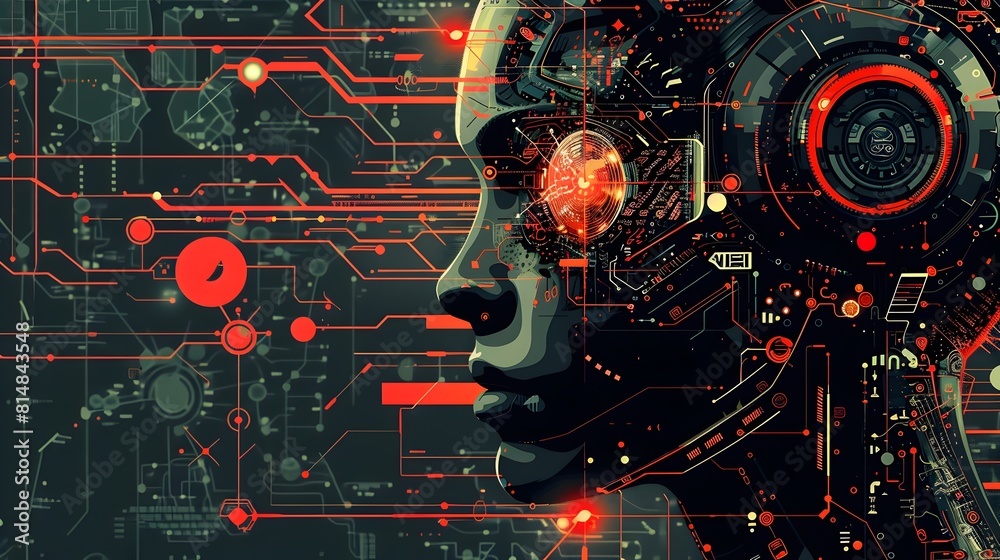 Poster Futuristic Digital World with Inspired Abstract Shapes and Glowing Neon Lights in a Technological Background