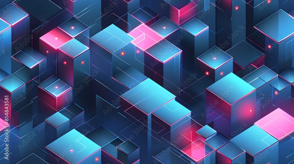 Leinwandbilder Futuristic Glowing Cubic Geometry Abstract Digital Art Render with Luminous Neon Gradient Hexagon Pattern Design