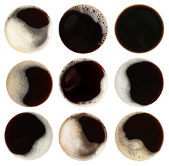 Aromatic coffee drinks with foam isolated on white, set. Top view