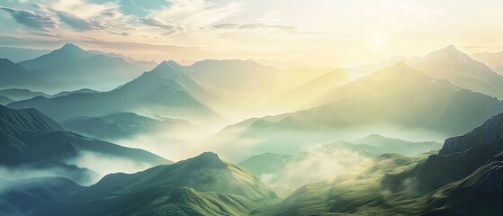 A breathtaking mountain landscape at dawn with mist rising from the valleys, photorealistic, high resolution