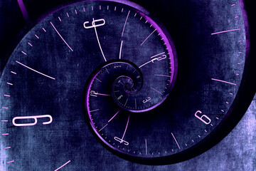 Infinity and other time related concepts. Dark blue clock face twisted in spiral, fractal pattern