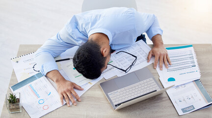 Businessman, tired and sleeping at desk in office with burnout risk, overworked and nap for low...