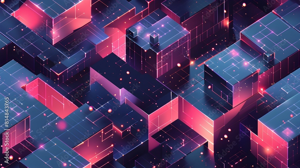 Aufkleber Glowing Geometric Futuristic Cityscape with Neon Hexagonal Shapes in Dynamic Motion for Digital Art and Technology Concepts