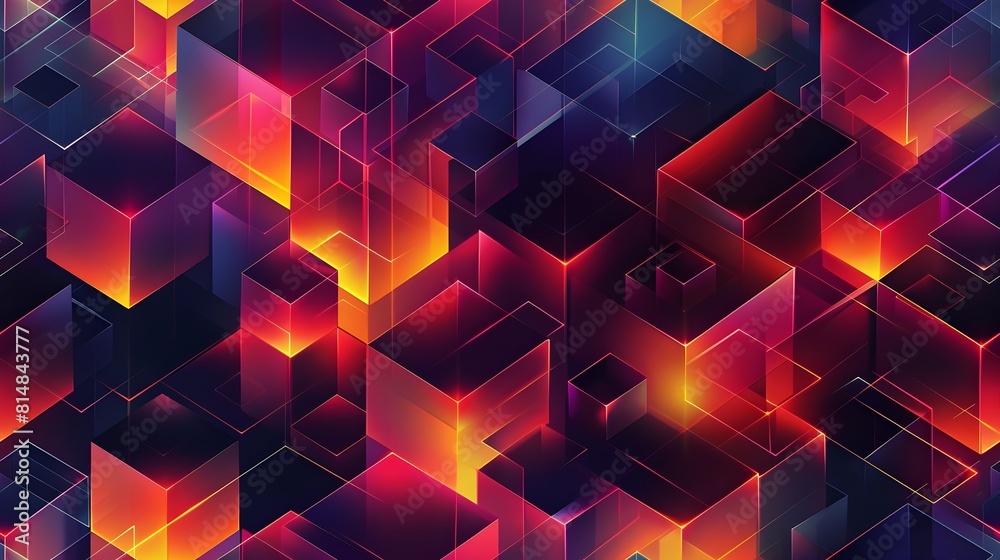 Poster glowing geometric prisms in abstract digital landscape of luminous shapes and vibrant colors