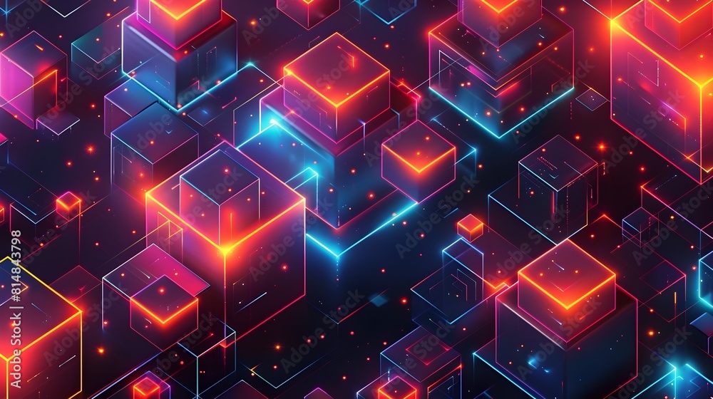 Poster glowing geometric shapes in vibrant digital landscape evoking futuristic technology and abstract con
