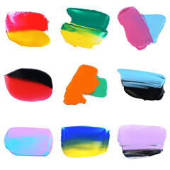 Set with paint samples of different colors isolated on white, top view