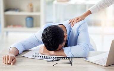 Support, business or man with stress, comfort or exhausted with burnout, overworked or help. Hand...