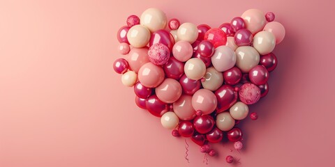 A 3D rendering of a heartshaped arrangement made of multicolored balloons, predominantly pink and cream, with ample copy space