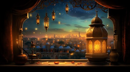 A beautiful view of an ancient Arabian city from a palace window. The night sky is filled with stars and the city is lit up by the warm glow of lanterns.