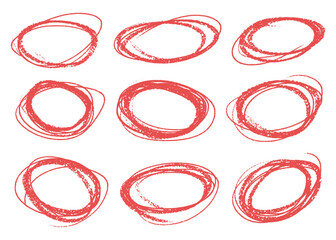 Doodle pencil drawn oval circles. Red grunge ovals and circles for highlighting 