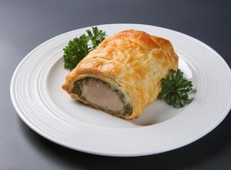 Beef Wellington closeup served on white plate isolated on dark background, closeup