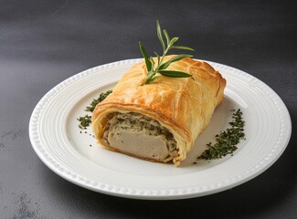 Beef Wellington closeup served on white plate isolated on dark background, closeup