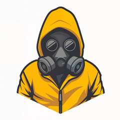 Man wearing gas mask yellow hooded jacket apocalypse concept vector logo style. White isolated background. Generative AI image.