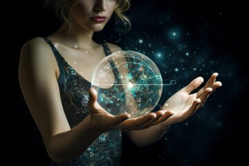 Naklejka premium An ethereal woman cradles a glowing universe orb, embodying the concept of creation and imagination