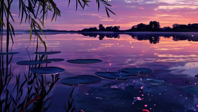 Digital Art of Dragonfly over Tranquil Pond with Water Lilies at Sunset in a Serene Landscape