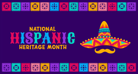 Papel picado paper cut flags and sombrero hat on national Hispanic heritage month, vector banner Mexican culture, traditions and art banner of Latin Americans folk heritage with ethnic ornament