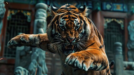 A tiger who knows kung fu. copy space for text.