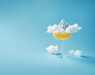 Cocktail glass with winter snowy mountain and clouds inside in. Holiday summer artistic creativity idea. Bright colors.