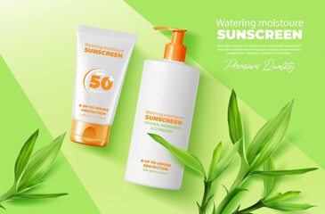 Bamboo leaves and sunscreen cream top view mockup. Two vector 3d sun screen products, a tube and a bottle in orange and white colors with Green leaves around, eco-friendly watering moisture for summer