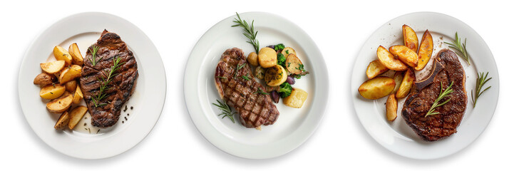 set of grilled beef steak and potatoes on plate isolated on transparent  background top view