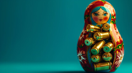 Russian Matreshka on blue background. Traditional doll and bullet