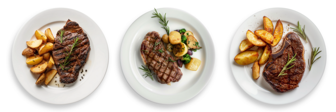 set of grilled beef steak and potatoes on plate isolated on transparent  background top view