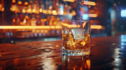 Classic alcohol whiskey scotch drink in glass with ice cubes at bar pub. Night club background decoration mock up. copy space for text.