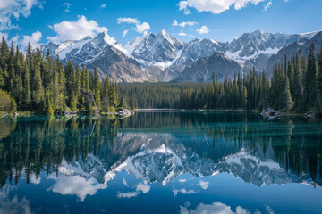 Fototapeta premium A majestic vista of snow-capped mountains mirrored in the crystal-clear waters of a serene alpine lake, surrounded by towering pine trees and rugged wilderness.