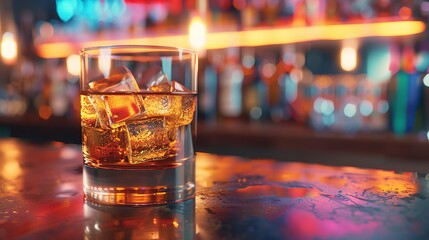 Classic alcohol whiskey scotch drink in glass with ice cubes at bar pub. Night club background decoration mock up. copy space for text.