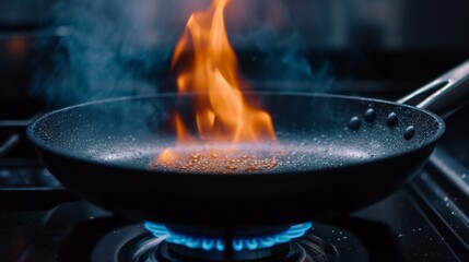 Frying pan with a bright flame heating up on an induction hob